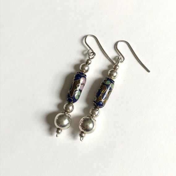 Sterling & Cloisonné Long Dangle Earrings — Vinta… - image 3