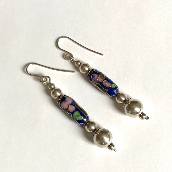 Sterling & Cloisonné Long Dangle Earrings — Vinta… - image 1