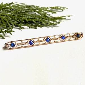 14K Antique Gold Bar Brooch With Blue Gemstones — 2.5 Inch Art Deco Bar Brooch Made of 585 Solid Gold