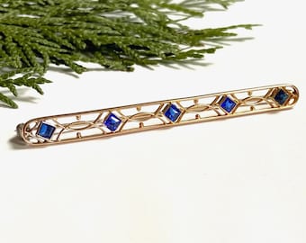 Antique 14K Gold Bar Brooch – Art Deco Blue Gemstone Pin, 2.5 Inch