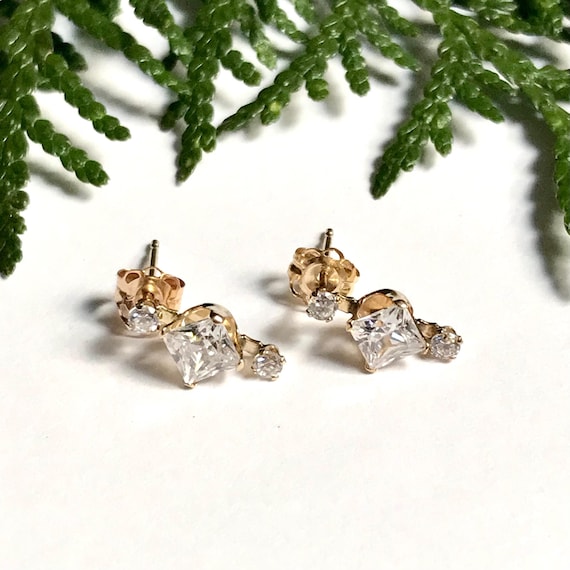 10K Gold Earrings with Cubic Zirconias — 417 Gold Studs with Square Cut Imitation Diamonds