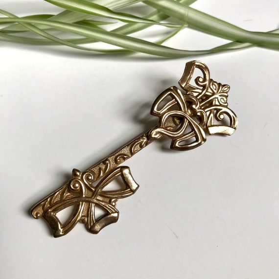 Viking Brass Key Brooch—Vintage Nordic Design Gold