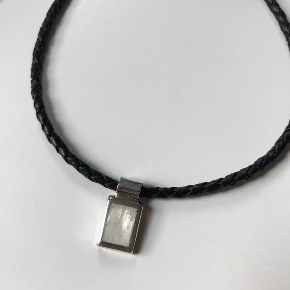 925 Black Braided Leather Necklace With Rectangul… - image 3