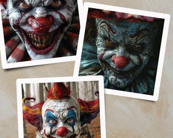 Creepy Clown Horror Art Bundle – Set of 3 Digital Downloads | Evil Circus AI Clowns | Scary Halloween Wall Deco