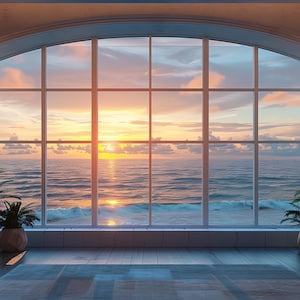 May include: A large window frames a sunset over the ocean. The sky is filled with orange, yellow, and pink hues. The window is divided into rectangular panes. Potted plants sit on the floor in front of the window, and sconces are mounted on the walls.