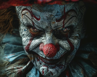Distressed Veiny Clown – AI Horror Art Print | Creepy Digital Download | Scary Gothic Circus Clown Wall Decor