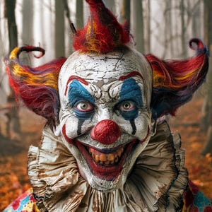 Bloody Evil Clown Digital Art – Creepy AI Horror Clown Poster | Scary Circus Download | Terrifying Halloween Wall Art | Red Ruffle Grin
