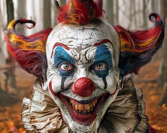 Può includere: Primo piano di un clown spaventoso con pelle bianca e screpolata, naso rosso e un ampio sorriso minaccioso. Il clown ha trucco per gli occhi blu e rosso e capelli colorati e appuntiti. Il clown indossa un colletto a balze.
