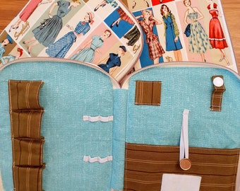 Needlework Project Case | Simplicity Vintage, blue texture, olive stripes