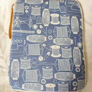 Needlework Project Case | Vintage Sewing, yellow swirl, blue dots