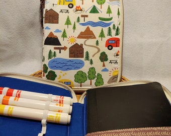 Small Kids Travel Art Case | Camping, adventure, blue, brown pattern