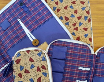 Needlework Project Case | Quilted Hearts, deep plaid, navy blue