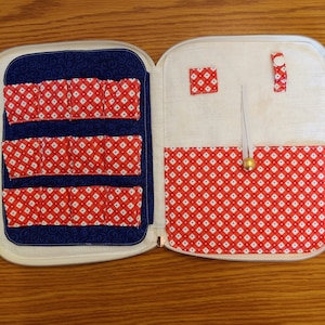 Medium Cross Stitch Project Case | White floral on cream, red geometric, blue pattern