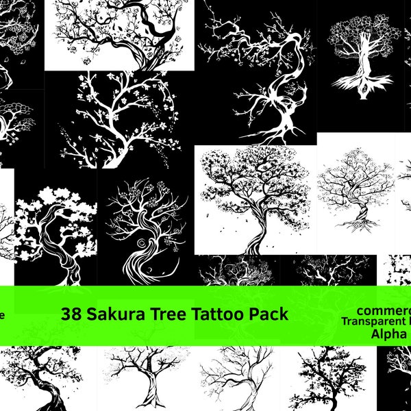 SAKURA CLIPART, Tree Silhouette, Japanese Svg, Traditional Tattoo, Tattoo DESIGN, Marvelous Sakura Tree Tattoo, Transparent Tree Png