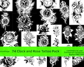 CLOCK SVG, Rose Tattoo, Clock Png, Flower Tattoo DESIGN, Clock Clipart, Clock Flower Png Designs Tattoos, Vector Transparent Tattoo
