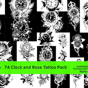 May include: A set of 74 black and white clock and rose tattoo designs. The designs are in a variety of styles, including traditional, realistic, and abstract. The designs are perfect for anyone who wants to add a touch of elegance and beauty to their body art.