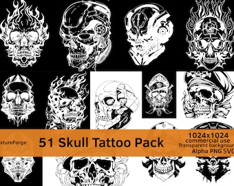 Puede incluir: Una colección de 51 diseños de tatuajes de calaveras en blanco y negro. Las calaveras presentan varios estilos, incluyendo llamas, elementos cibernéticos y temas militares. La imagen incluye el texto "51 Skull Tattoo Pack" y detalles sobre el formato de la imagen.