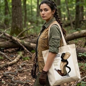 May include: A cream-colored canvas tote bag featuring a graphic illustration of a snake coiled around a drinking horn. The text on the bag reads: Yellow Belly, Quite Contrary, Duplicitous and Scary, Must Be Vigilant and Wary, You Know Who You Are.
