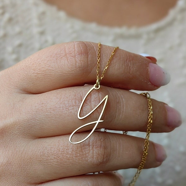 22k Gold Initial Necklace, Handwriting Calligraphy Valentines Day Gift, Gift For Her