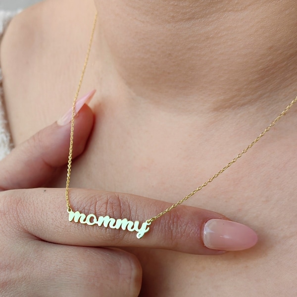 14k Solid Gold Mommy Necklace, Mothers Day Gift, Necklace for Mommy, Mommy Word Necklace, , Gold Mommy Pendant, Mommy Jewelry, Dainty Gift