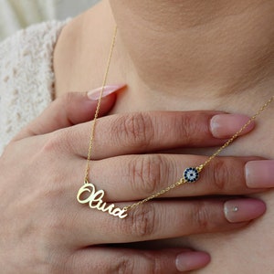 Colar de mau-olhado personalizado, colar com nome e mau-olhado, presente de Natal, colar de mau-olhado personalizado, joias com placa de identificação e mau-olhado, presente para mãe