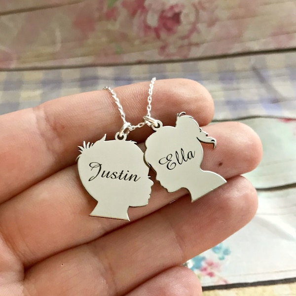 Sterling Silver Child Silhouette Necklace, Gift For Mother,  Mothers Day Gift,  Meaningful Gift, Children Name Necklace, Kids Name