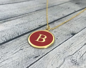 22k Gold Enamel Initial Tag, Personalized Christmas Gift, Colorful Initial Necklace, Sterling Silver, Christmas Jewelry, Gold Coin Necklace
