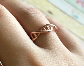 Bague ADN en or rose, cadeau pour la fête des mères, argent sterling, bague molécule, bijoux chimie, cadeau pour médecin, bague hélice, bague unisexe, science