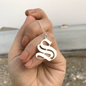 Oversize Initial Necklace, Old English Initial Necklace,  Gothic Initial Jewelry, Sterling Silver, Christmas Gift, Large Monogram Necklace