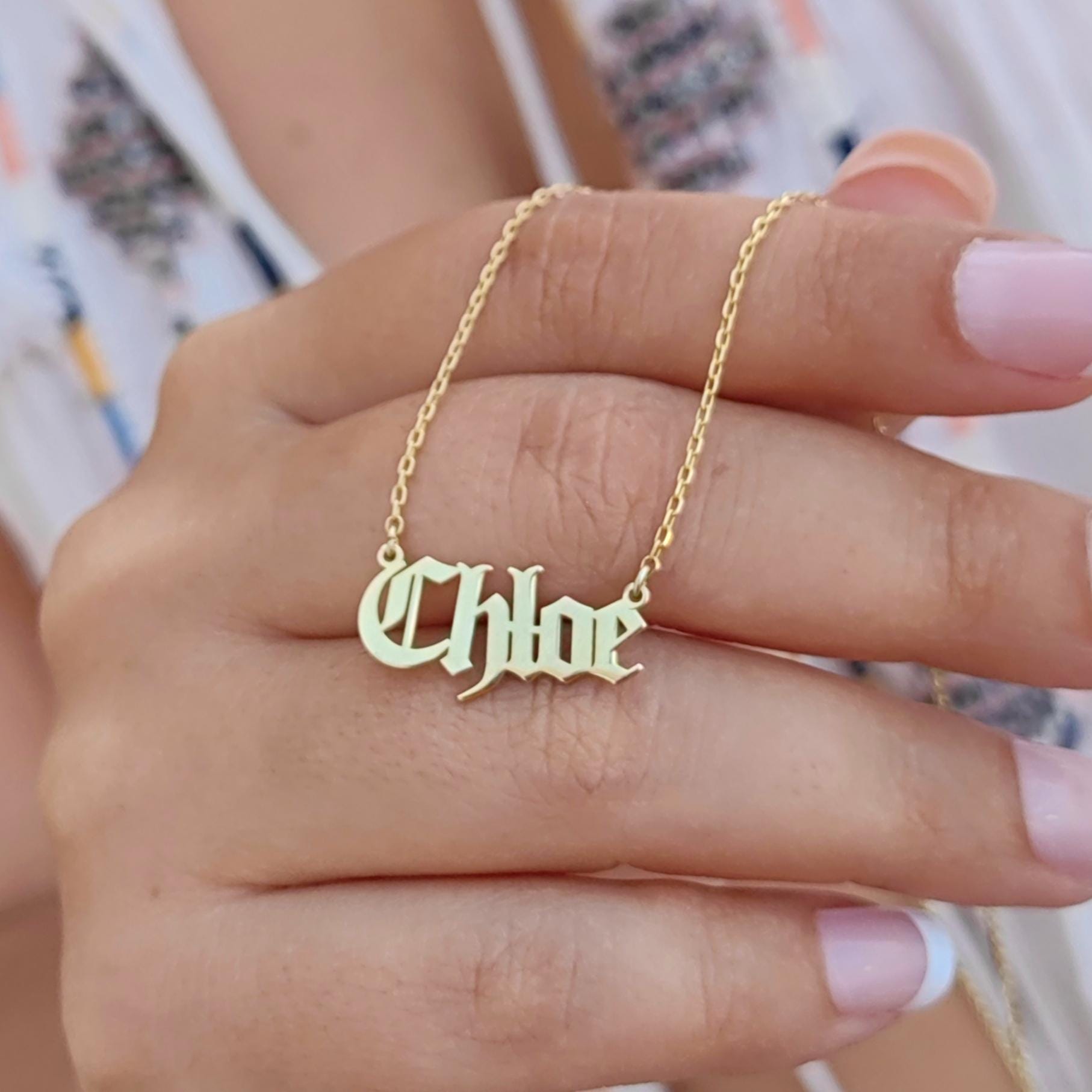 Solid gold old english name necklace best sale