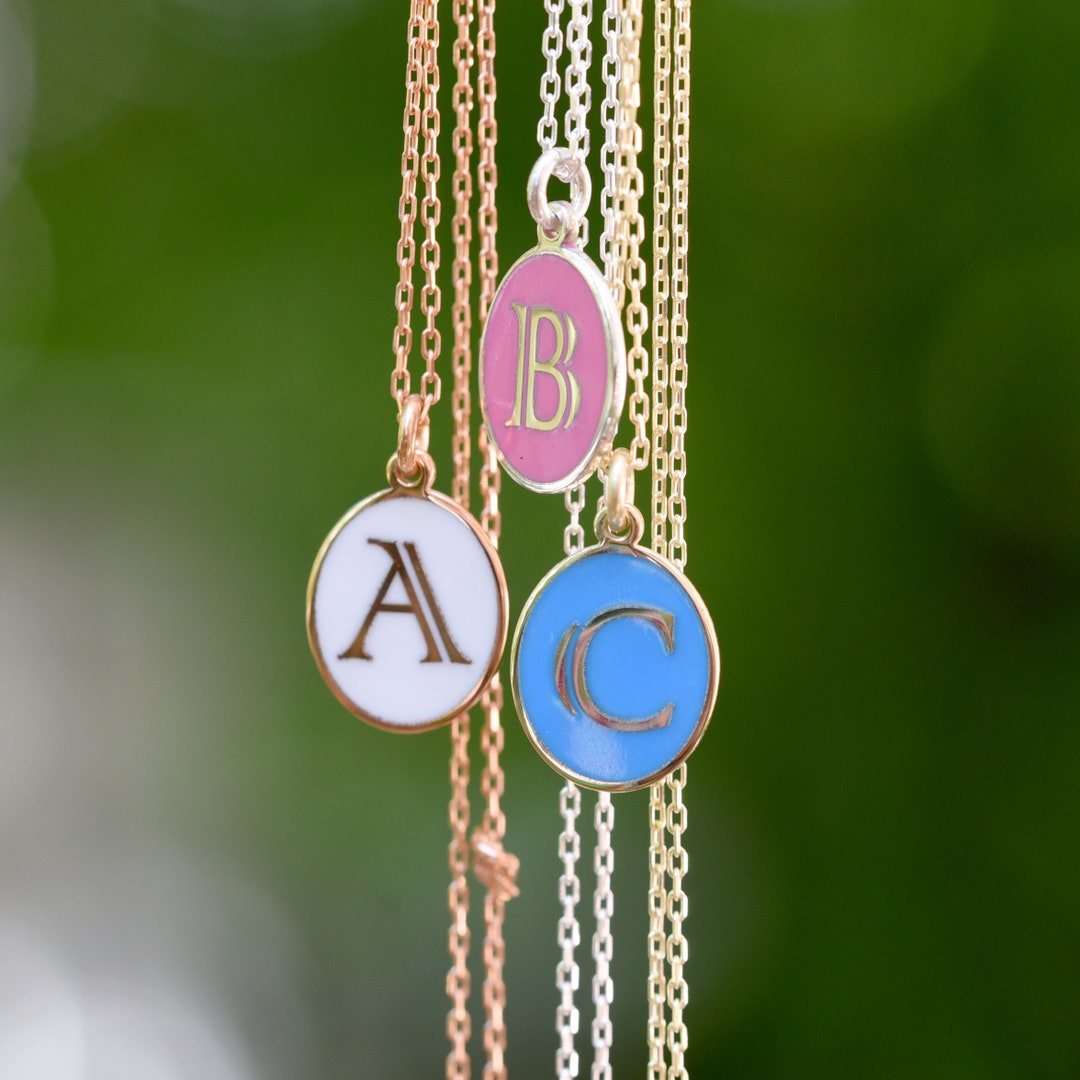 Old English Initial Necklace, Enamel Letter, Colorful Initial, Gothic
