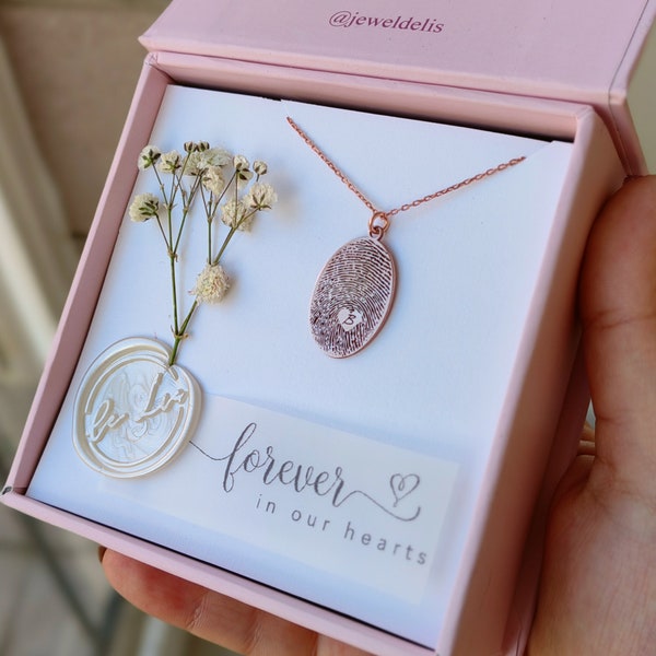 Personalized Fingerprint Memorial Necklace, Engraved Initial Fingerprint Jewelry with Quote, Funeral Jewelry