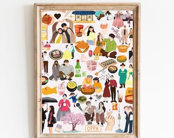 May include: A colorful collage of Korean culture featuring food, fashion, and traditional elements. The collage includes images of kimchi, ramen, Korean BBQ, traditional clothing, and a couple holding hands. The text "OPPA" is visible at the bottom of the collage.