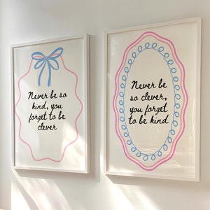 Set of 2 Marjorie Prints, Blue Pink Preppy Wall Art, Never Be So Kind You Forget To Be Clever, Marjorie Poster, Coquette Bow Wall Art Dorm