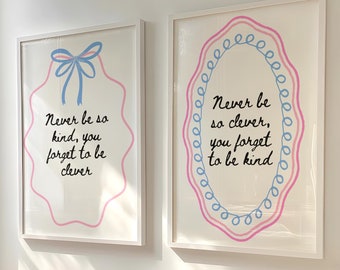 Set of 2 Marjorie Prints, Blue Pink Preppy Wall Art, Never Be So Kind You Forget To Be Clever, Marjorie Poster, Coquette Bow Wall Art Dorm