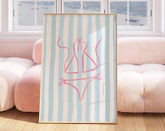 Pink Bikini Print, Blue Stripe Beachy Wall Art, Coastal Granddaughter Prints, Beachy Room Decor, Blue Preppy Wall Art, Coastal Cowgirl Print