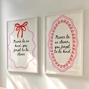 Set of 2 Marjorie Prints, Pink & Red Trendy Wall Art, Never Be So Kind You Forget To Be Clever, Marjorie Poster, Coquette Bow Wall Art