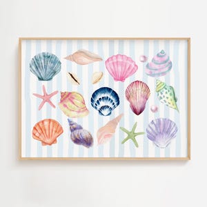 Seashells Print, Beachy Wall Art, Blue & White Stripe Coastal Granddaughter Prints, Coastal Cowgirl Print, Fisherman Aesthetic, Coastal Dorm