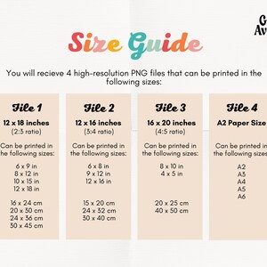 May include: A size guide for printable digital files. The guide shows four different file sizes, including 12 x 18 inches, 12 x 16 inches, 16 x 20 inches, and A2 paper size. Each file size is listed with its corresponding aspect ratio and a list of printable sizes in inches and centimeters.