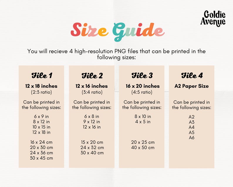 May include: A size guide for printable digital files. The guide shows four different file sizes, including 12 x 18 inches, 12 x 16 inches, 16 x 20 inches, and A2 paper size. Each file size is listed with its corresponding aspect ratio and a list of printable sizes in inches and centimeters.