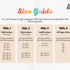 May include: A size guide for digital files that can be printed in various sizes. The guide shows four different file sizes: 12x18 inches, 12x16 inches, 16x20 inches, and A2 paper size. Each file size is listed with its corresponding aspect ratio and a list of printable sizes in inches and centimetres.
