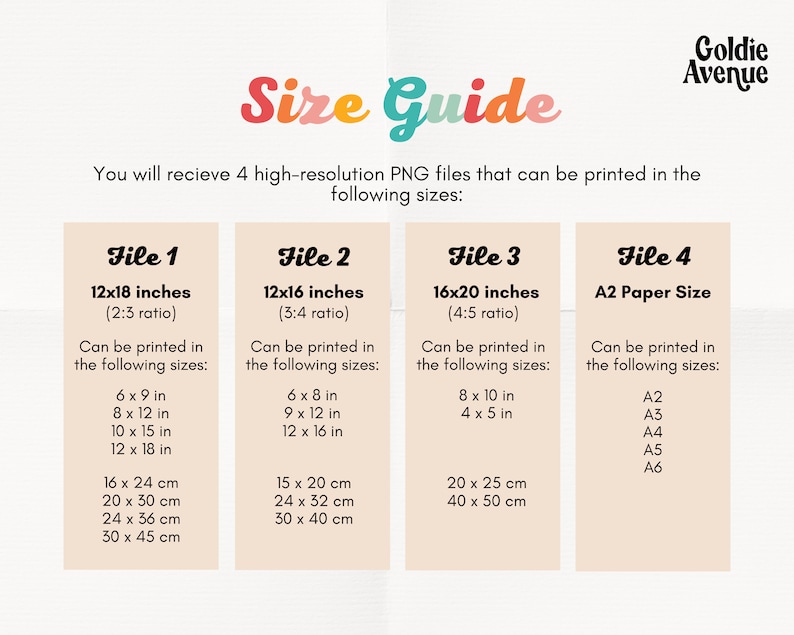 May include: A size guide for digital files that can be printed in various sizes. The guide shows four different file sizes: 12x18 inches, 12x16 inches, 16x20 inches, and A2 paper size. Each file size is listed with its corresponding aspect ratio and a list of printable sizes in inches and centimetres.