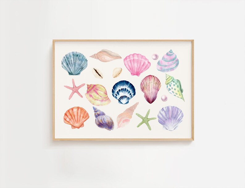 May include: A watercolor painting of various seashells in different colors and shapes, including pink, blue, purple, and orange. There are also two starfish and a pearl.