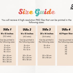 May include: A size guide for printable digital files. The guide shows four different file sizes: 18 x 12 inches, 16 x 12 inches, 20 x 16 inches, and A2 paper size. Each file size includes a list of printable dimensions in inches and centimeters.