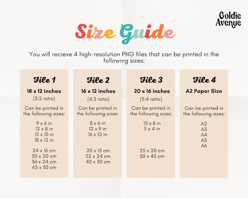May include: A size guide for printable digital files. The guide shows four different file sizes: 18 x 12 inches, 16 x 12 inches, 20 x 16 inches, and A2 paper size. Each file size includes a list of printable dimensions in inches and centimeters.