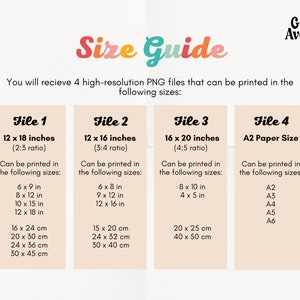 May include: A size guide for digital files that can be printed in various sizes. The guide shows four different file sizes, including 12 x 18 inches, 12 x 16 inches, 16 x 20 inches, and A2 paper size. Each file size is listed with its corresponding aspect ratio and a list of printable sizes in inches and centimeters.