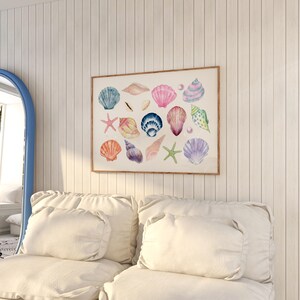 May include: A watercolor painting of various seashells in different colors and shapes, including pink, purple, blue, orange, and white. The seashells are arranged in a grid pattern on a white background.