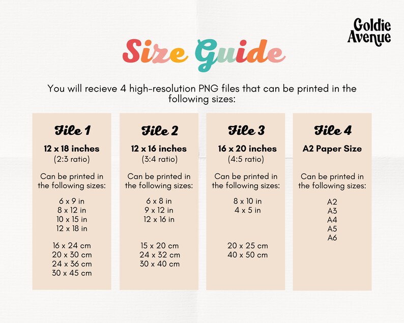 May include: A size guide for digital files that can be printed in various sizes. The guide shows four different file sizes, including 12 x 18 inches, 12 x 16 inches, 16 x 20 inches, and A2 paper size. Each file size is listed with its corresponding aspect ratio and a list of printable sizes in inches and centimeters.
