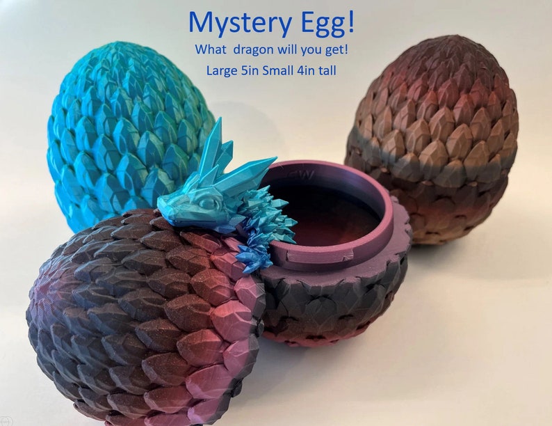 May include: A blue, purple, and black dragon egg with a small blue dragon figurine inside. The egg is 5 inches wide and 4 inches tall. Mystery Egg! What dragon will you get!