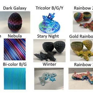 May include: A collection of 15 dragon egg-shaped containers with different color schemes, including ocean blue, dark galaxy, rainbow, spring flowers, nebula, starry night, gold rainbow, summer green, burnt earth, bi-color blue and green, winter, and fireball.